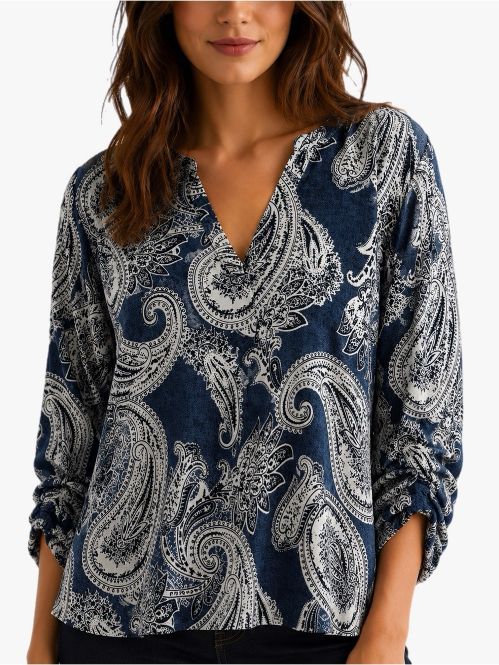New Directions Paisley Print Blouse XL Blue White V Neck Ruched Sleeve Stretch